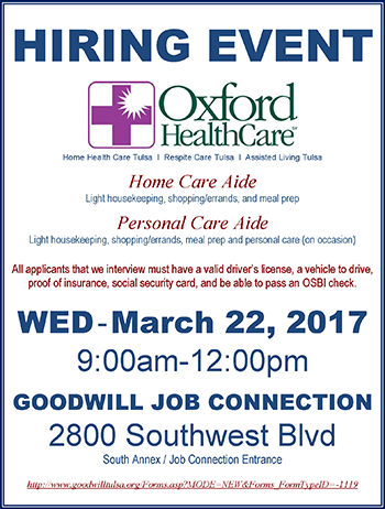 Hiring Event Oxford HealthCare March 22, 2017